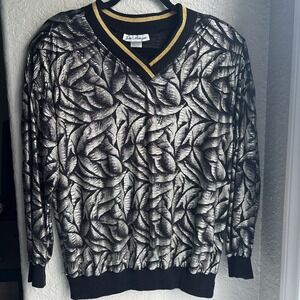 Vintage Jeri Marque 80s/90s Metallic Gold Leaf Black V-Neck Ribbed Stripe Top  M